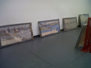 George Rowlett paintings - 3 images of the Thames Barrier, awaiting the hang ...